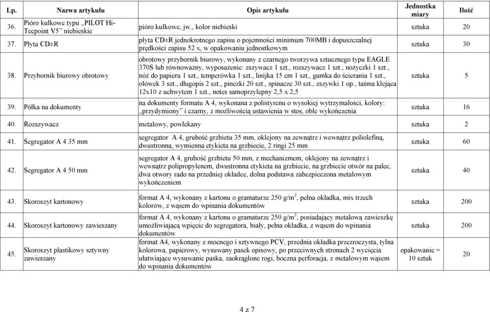 tworzywa sztucznego typu EAGLE 370S lub równoważny, wyposażenie: zszywacz szt., rozszywacz szt., nożyczki szt., nóż do papieru szt., temperówka szt., linijka 5 cm szt., gumka do ścierania szt.