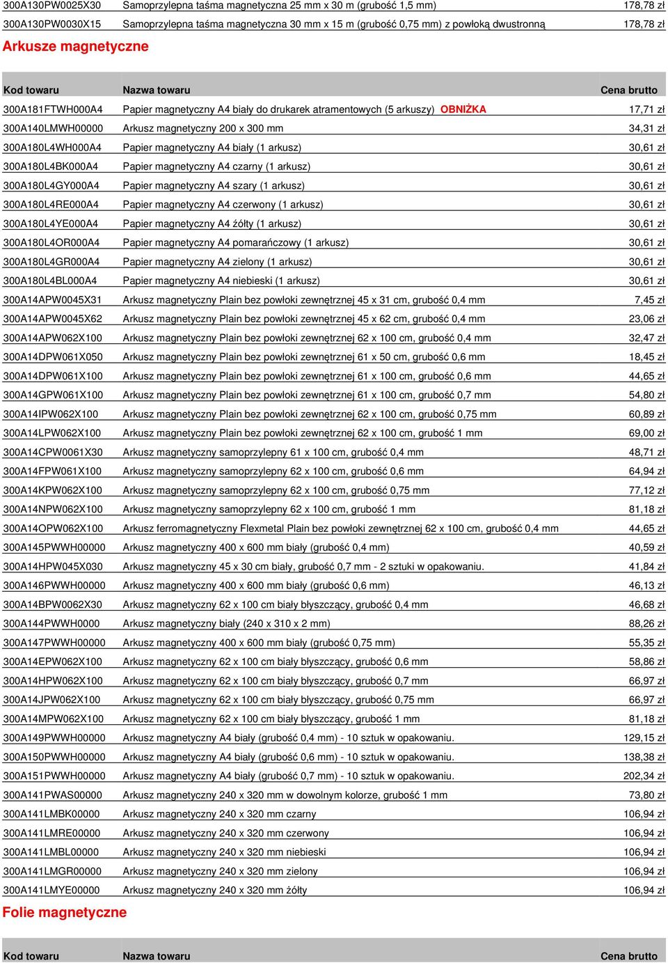 Papier magnetyczny A4 biały (1 arkusz) 30,61 zł 300A180L4BK000A4 Papier magnetyczny A4 czarny (1 arkusz) 30,61 zł 300A180L4GY000A4 Papier magnetyczny A4 szary (1 arkusz) 30,61 zł 300A180L4RE000A4