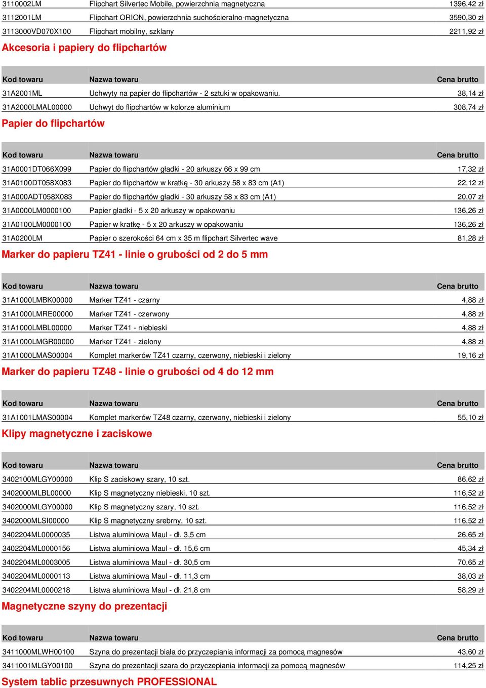 38,14 zł 31A2000LMAL00000 Uchwyt do flipchartów w kolorze aluminium 308,74 zł Papier do flipchartów 31A0001DT066X099 Papier do flipchartów gładki - 20 arkuszy 66 x 99 cm 17,32 zł 31A0100DT058X083
