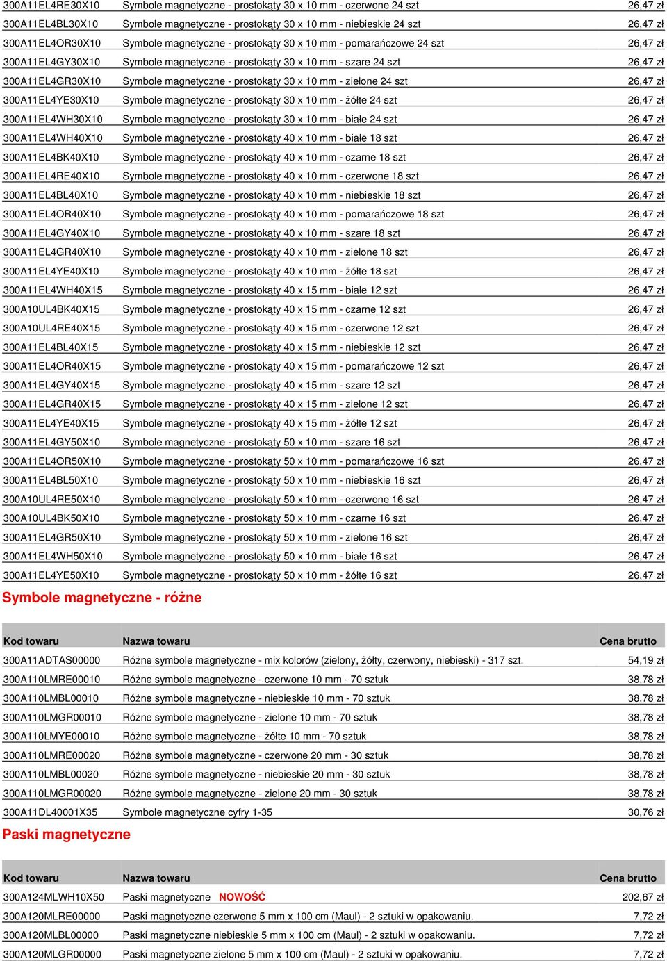 prostokąty 30 x 10 mm - zielone 24 szt 26,47 zł 300A11EL4YE30X10 Symbole magnetyczne - prostokąty 30 x 10 mm - żółte 24 szt 26,47 zł 300A11EL4WH30X10 Symbole magnetyczne - prostokąty 30 x 10 mm -