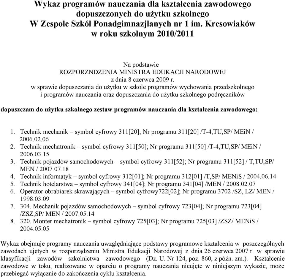 w sprawie dopuszczania do użytku w szkole programów wychowania przedszkolnego i programów nauczania oraz dopuszczania do użytku szkolnego podręczników dopuszczam do użytku szkolnego zestaw programów