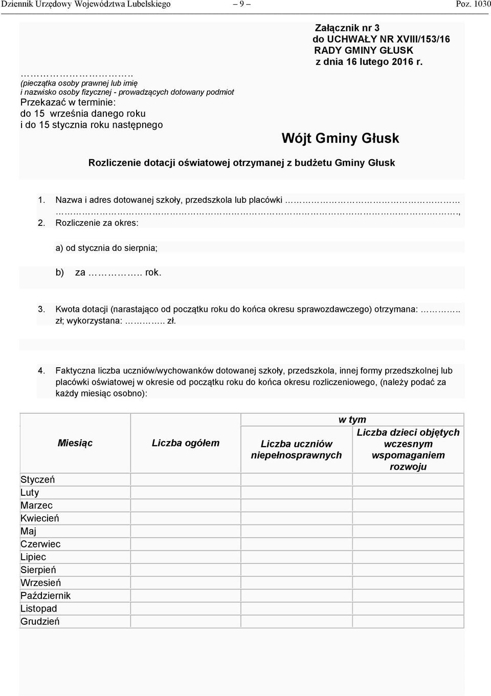 UCHWAŁY NR XVIII/153/16 RADY GMINY GŁUSK z dnia 16 lutego 2016 r. Wójt Gminy Głusk Rozliczenie dotacji oświatowej otrzymanej z budżetu Gminy Głusk 1.