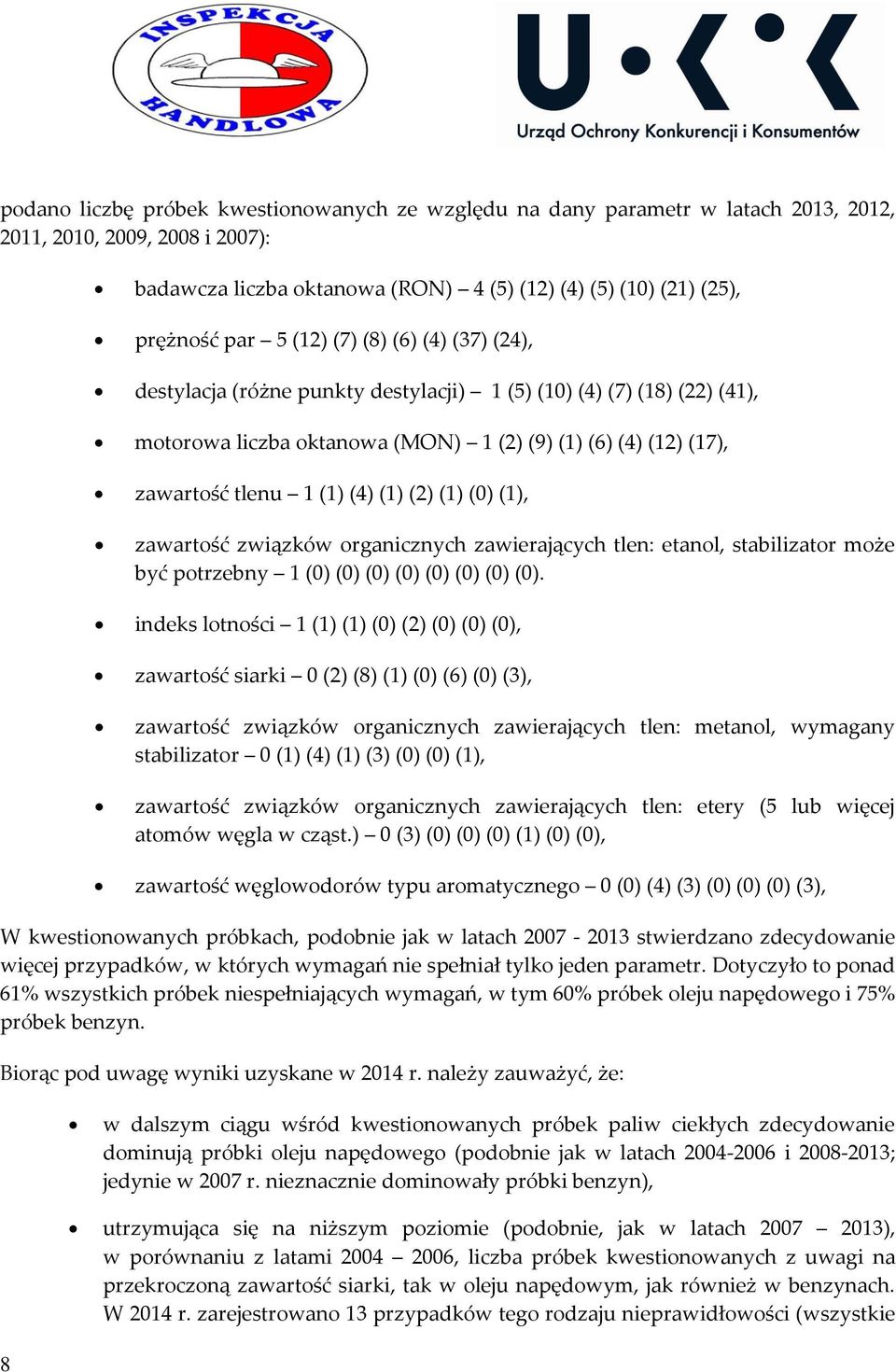 (2) (1) (0) (1), zawartość związków organicznych zawierających tlen: etanol, stabilizator może być potrzebny 1 (0) (0) (0) (0) (0) (0) (0) (0).