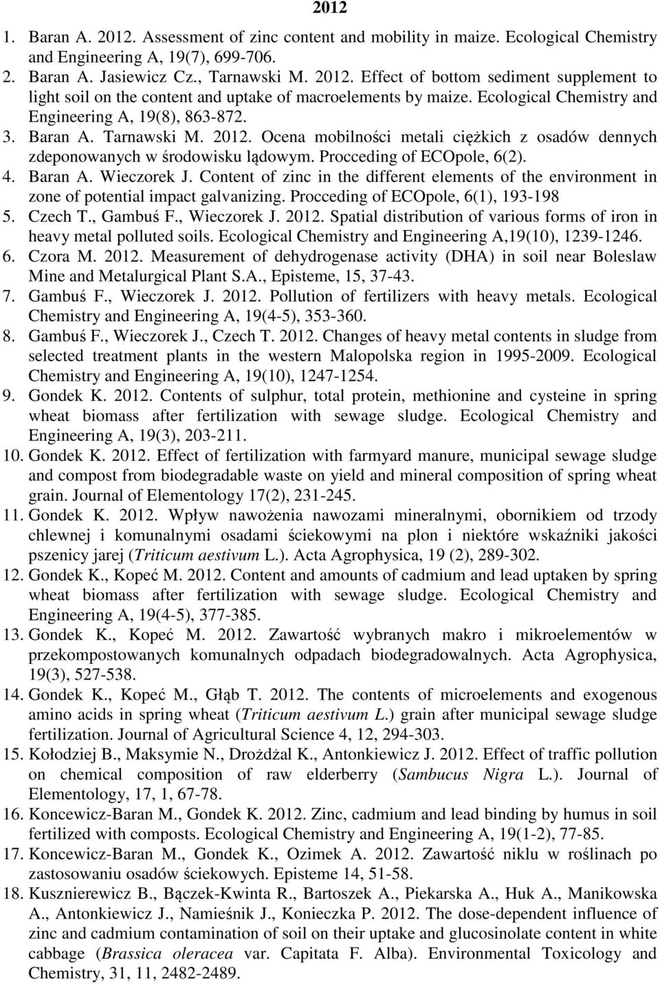 Procceding of ECOpole, 6(2). 4. Baran A. Wieczorek J. Content of zinc in the different elements of the environment in zone of potential impact galvanizing. Procceding of ECOpole, 6(1), 193-198 5.