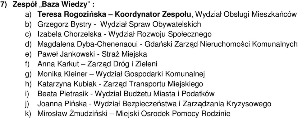 Anna Karkut Zarząd Dróg i Zieleni g) Monika Kleiner Wydział Gospodarki Komunalnej h) Katarzyna Kubiak - Zarząd Transportu Miejskiego i) Beata Pietrasik -