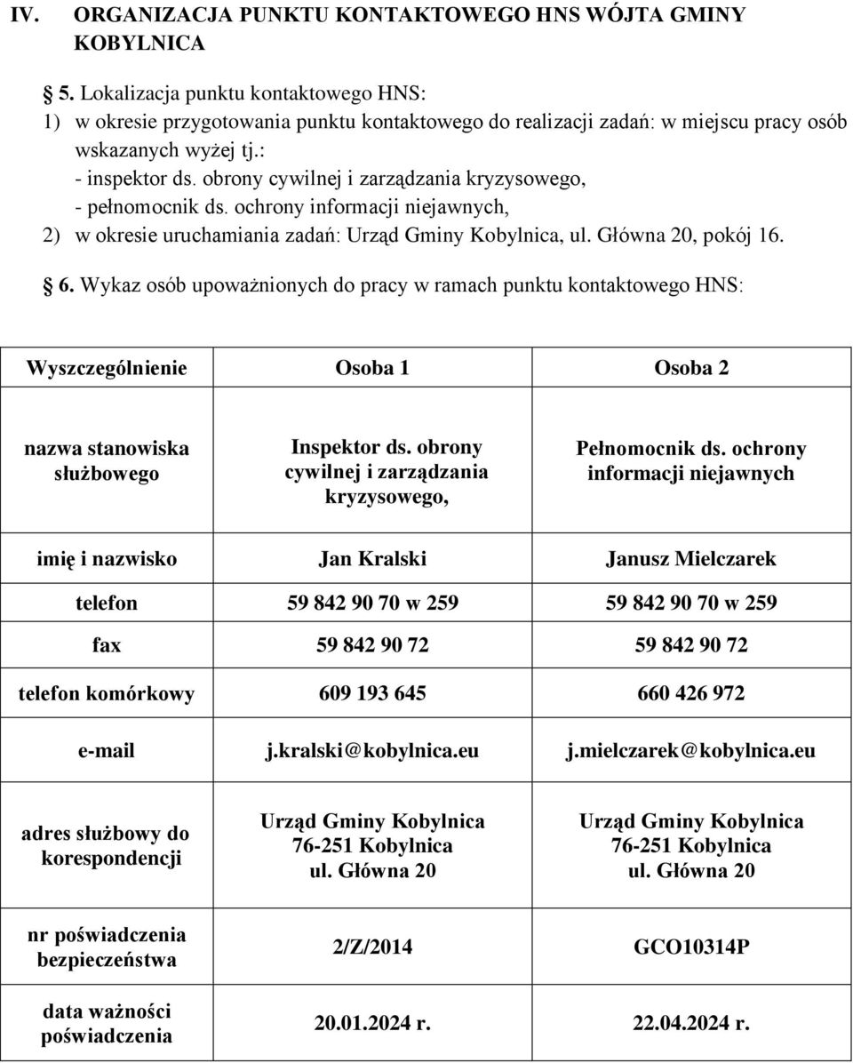 obrony cywilnej i zarządzania kryzysowego, - pełnomocnik ds. ochrony informacji niejawnych, 2) w okresie uruchamiania zadań: Urząd Gminy Kobylnica, ul. Główna 20, pokój 16. 6.