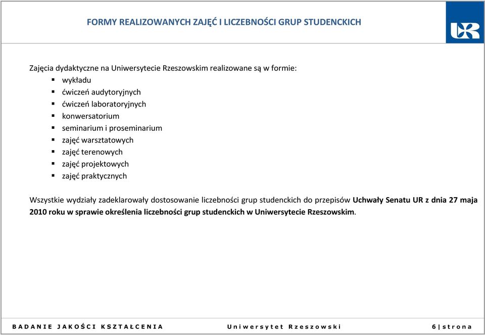 projektowych zajęć praktycznych Wszystkie wydziały zadeklarowały dostosowanie liczebności grup studenckich do przepisów Uchwały Senatu UR z