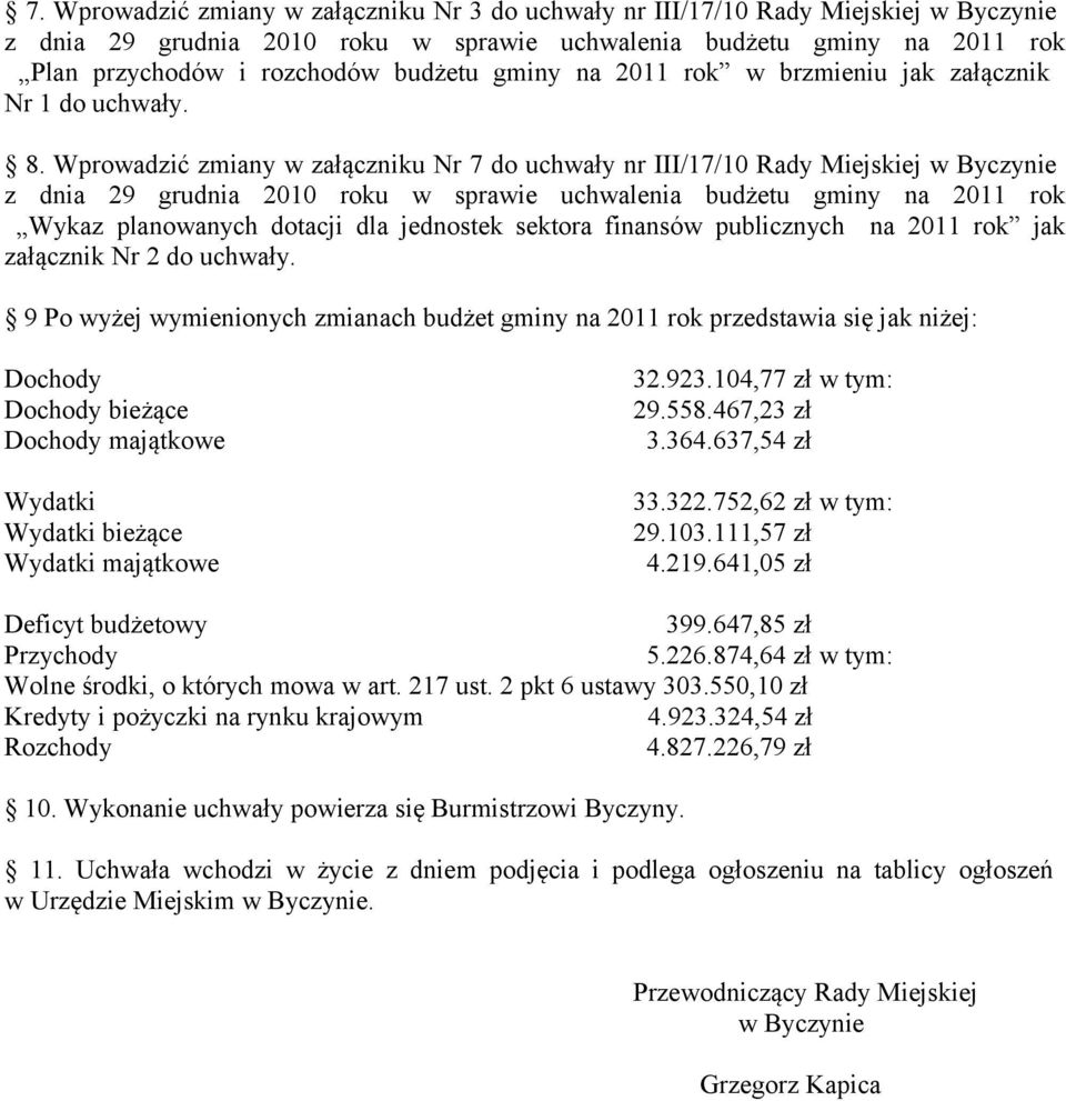 Wprowadzić zmiany w załączniku Nr 7 do uchwały nr III/17/10 Rady Miejskiej w Byczynie z dnia 29 grudnia 2010 roku w sprawie uchwalenia budżetu gminy na 2011 rok Wykaz planowanych dotacji dla