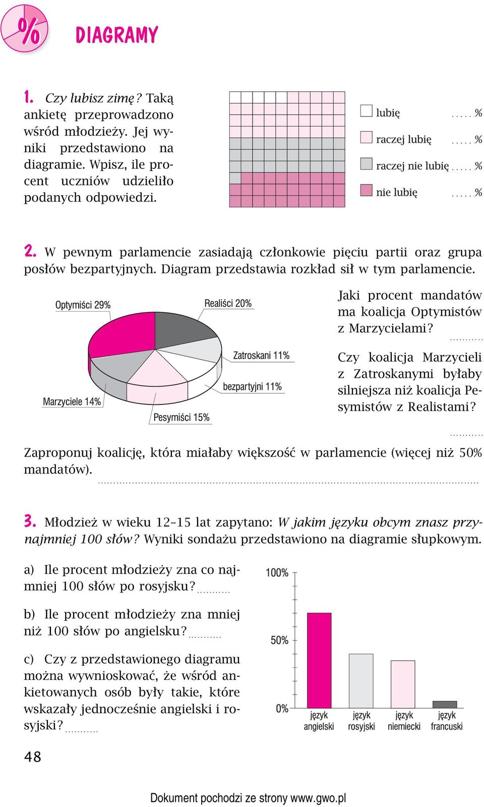 Czy koalicja Marzycieli z Zatroskanymi byłaby silniejsza niż koalicja Pesymistów z Realistami? Zaproponuj koalicję, która miałaby większość w parlamencie (więcej niż 50% mandatów)... 3.