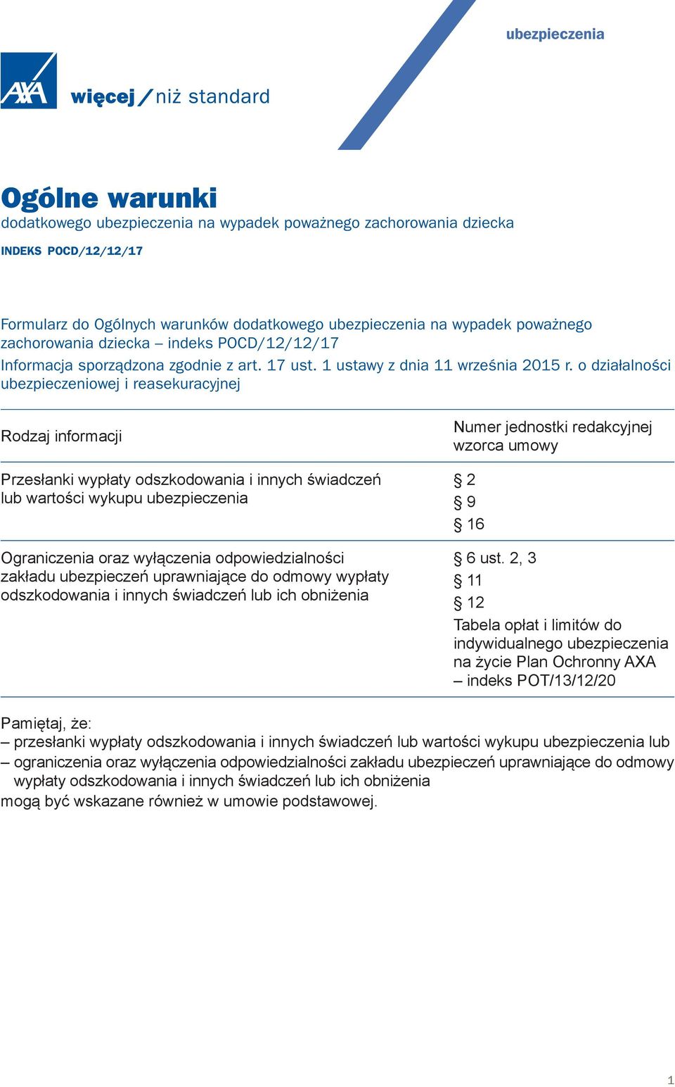 o działalności ubezpieczeniowej i reasekuracyjnej Rodzaj informacji Przesłanki wypłaty odszkodowania i innych świadczeń lub wartości wykupu ubezpieczenia Ograniczenia oraz wyłączenia