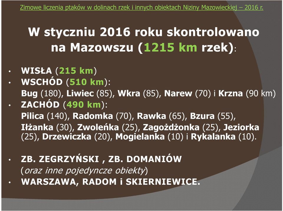 Bzura (55), Iłżanka (30), Zwoleńka (25), Zagożdżonka (25), Jeziorka (25), Drzewiczka (20), Mogielanka (10)
