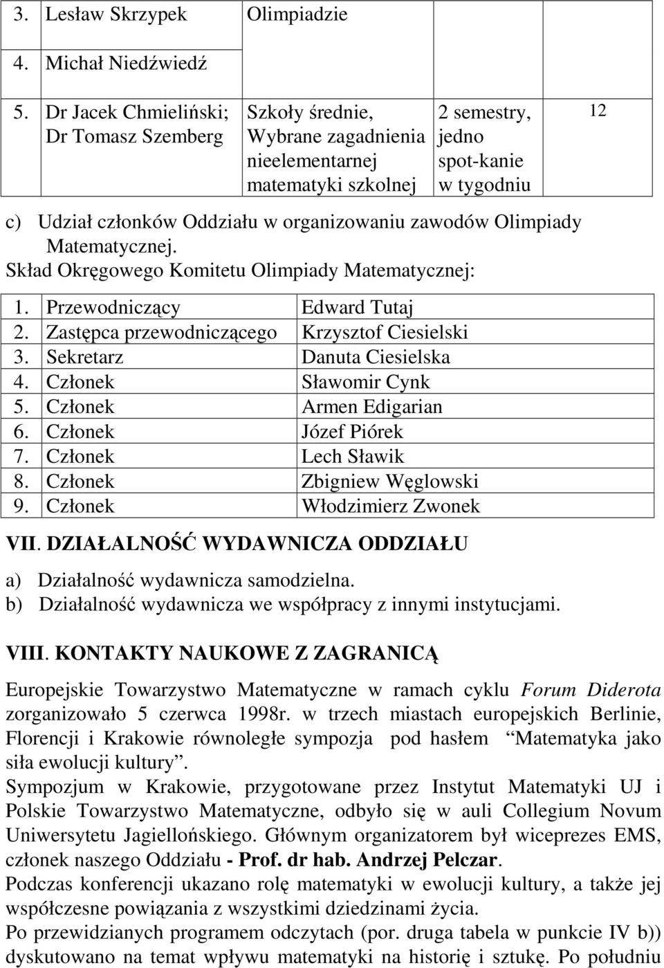 zawodów Olimpiady Matematycznej. Skład Okręgowego Komitetu Olimpiady Matematycznej: 1. Przewodniczący Edward Tutaj 2. Zastępca przewodniczącego Krzysztof Ciesielski 3. Sekretarz Danuta Ciesielska 4.