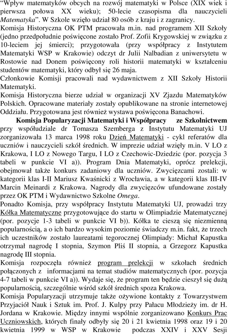 Zofii Krygowskiej w związku z 10-leciem jej śmierci); przygotowała (przy współpracy z Instytutem Matematyki WSP w Krakowie) odczyt dr Julii Nalbadian z uniwersytetu w Rostowie nad Donem poświęcony