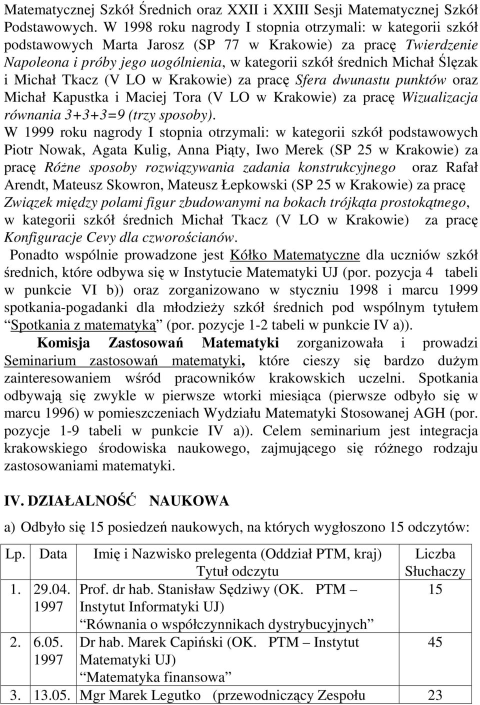 Michał Tkacz (V LO w Krakowie) za pracę Sfera dwunastu punktów oraz Michał Kapustka i Maciej Tora (V LO w Krakowie) za pracę Wizualizacja równania 3+3+3=9 (trzy sposoby).