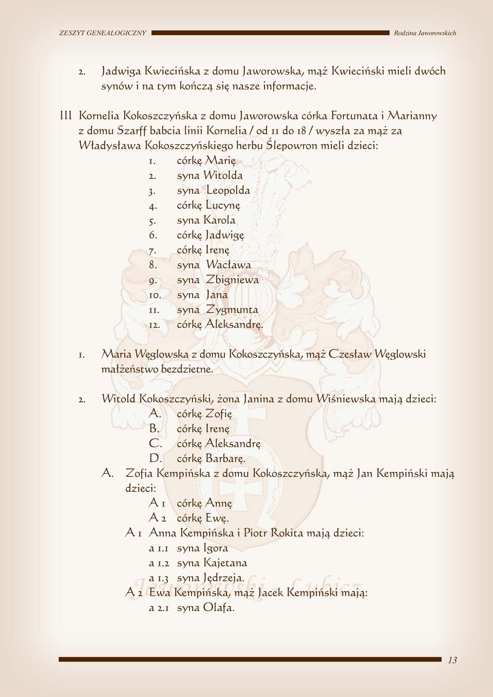 córk Mari 2. syna Witolda 3. syna Leopolda 4. córk Lucyn 5. syna Karola 6. córk Jadwig 7. córk Iren 8. syna Wac awa 9. syna Zbigniewa 10