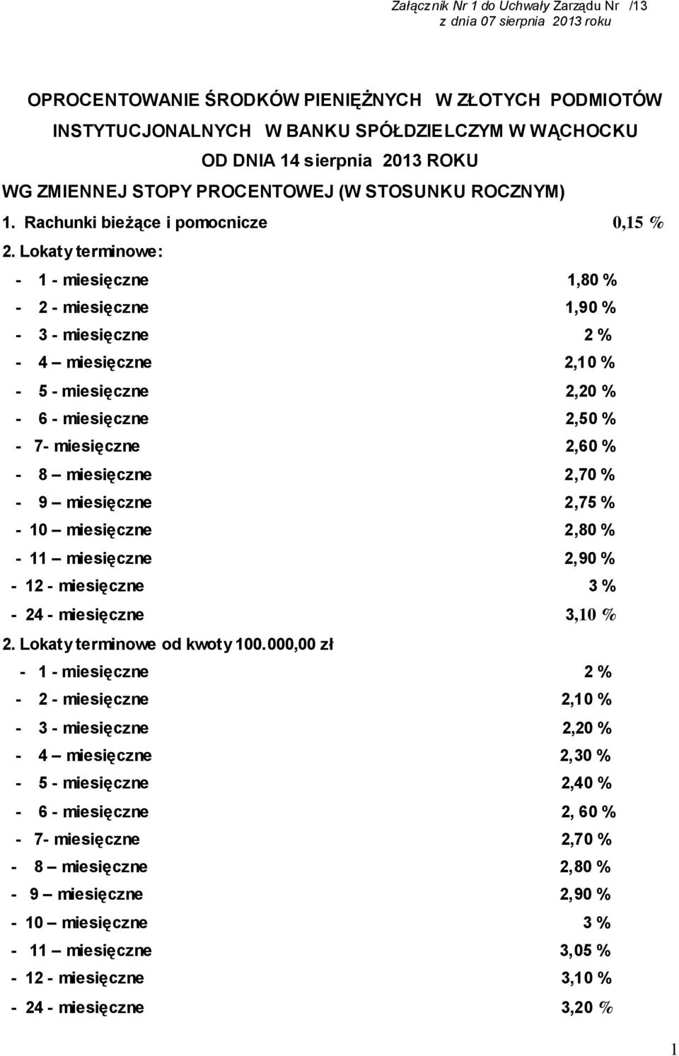 Lokaty terminowe: - 1 - miesięczne 1,80 % - 2 - miesięczne 1,90 % - 3 - miesięczne 2 % - 4 miesięczne 2,10 % - 5 - miesięczne 2,20 % - 6 - miesięczne 2,50 % - 7- miesięczne 2,60 % - 8 miesięczne 2,70