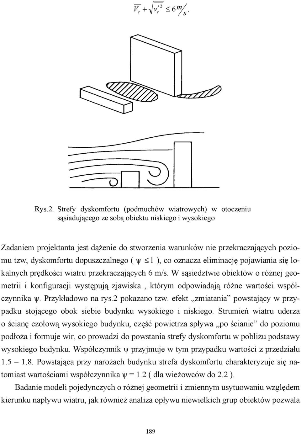 Strefy dyskomfortu (podmuchów wiatrowych) w otoczeniu sąsiadującego ze sobą obiektu niskiego i wysokiego Zadaniem projektanta jest dążenie do stworzenia warunków nie przekraczających poziomu tzw,