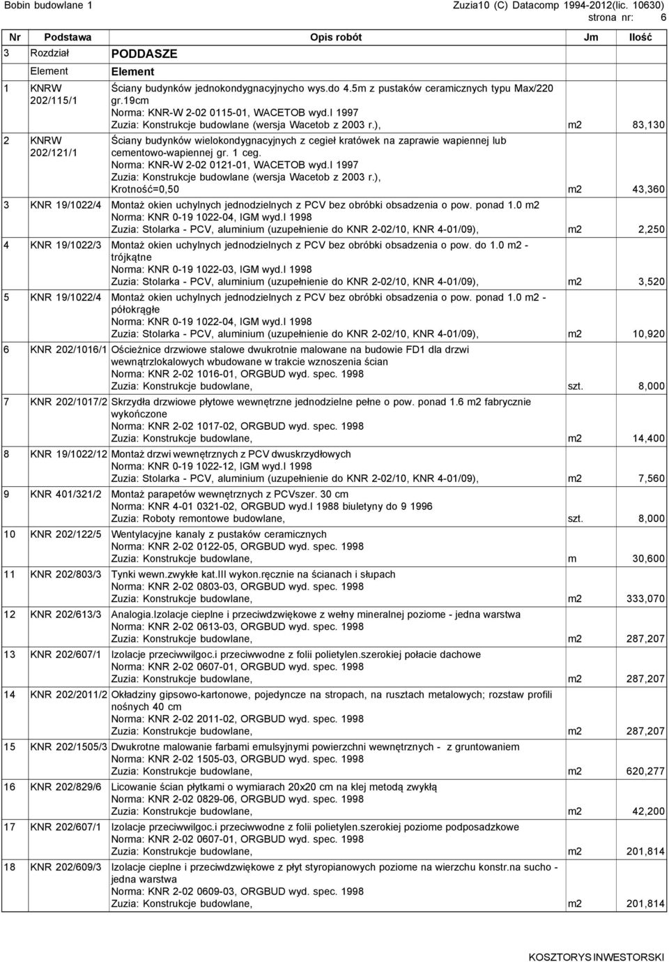 ), m2 83,130 Ściany budynków wielokondygnacyjnych z cegieł kratówek na zaprawie wapiennej lub cementowo-wapiennej gr. 1 ceg. Norma: KNR-W 2-02 0121-01, WACETOB wyd.