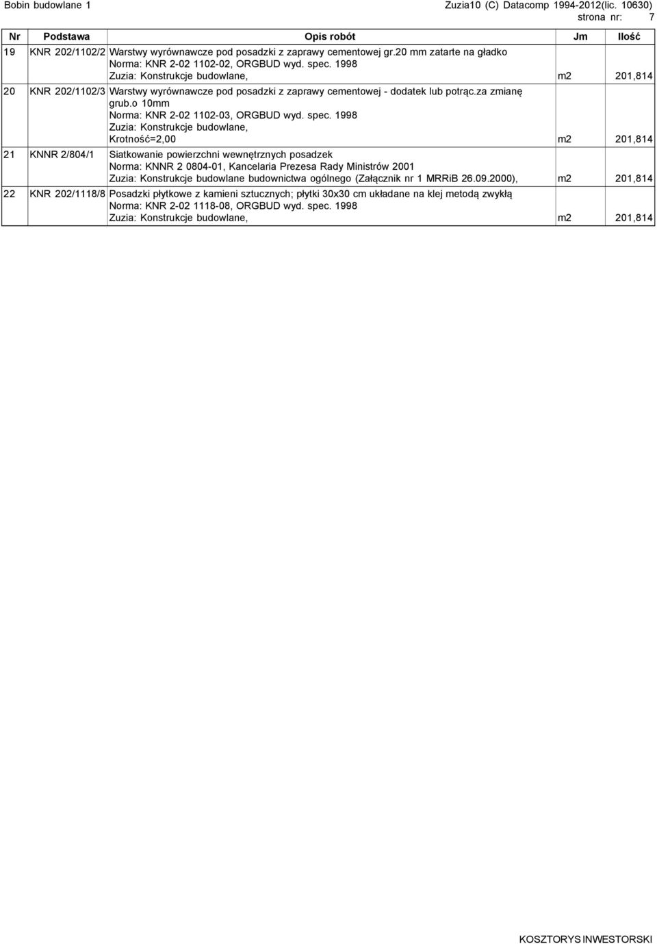 spec. 1998 Zuzia: Konstrukcje budowlane, Krotność=2,00 m2 201,814 21 KNNR 2/804/1 Siatkowanie powierzchni wewnętrznych posadzek Norma: KNNR 2 0804-01, Kancelaria Prezesa Rady Ministrów 2001 Zuzia: