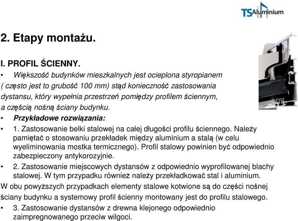 nośną ściany budynku. Przykładowe rozwiązania: 1. Zastosowanie belki stalowej na całej długości profilu ściennego.