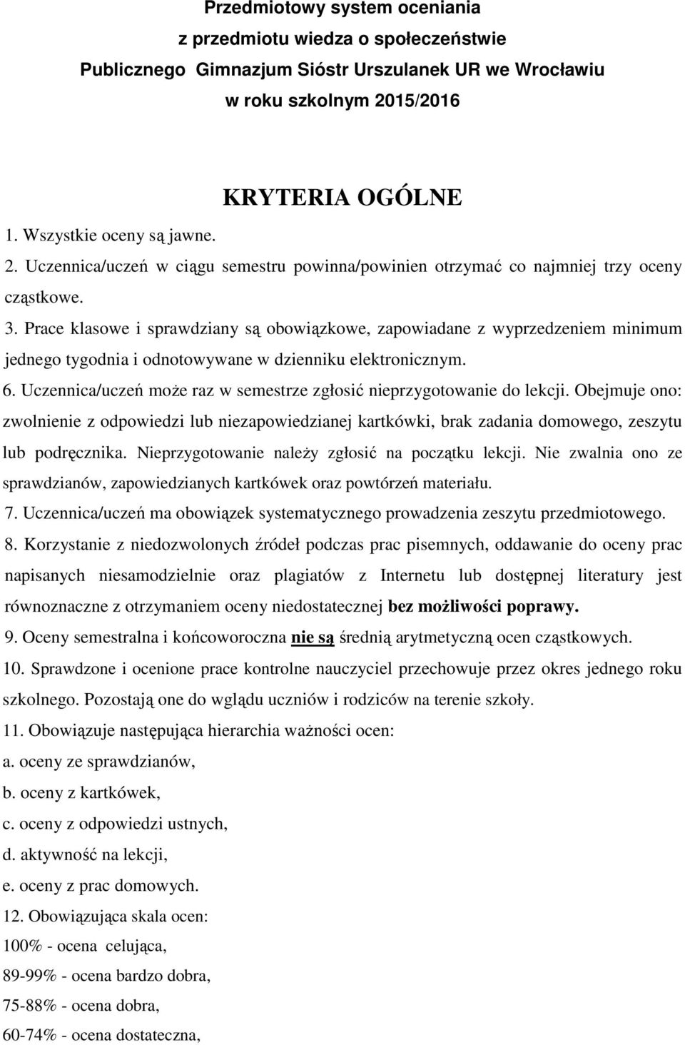 Prace klasowe i sprawdziany są obowiązkowe, zapowiadane z wyprzedzeniem minimum jednego tygodnia i odnotowywane w dzienniku elektronicznym. 6.