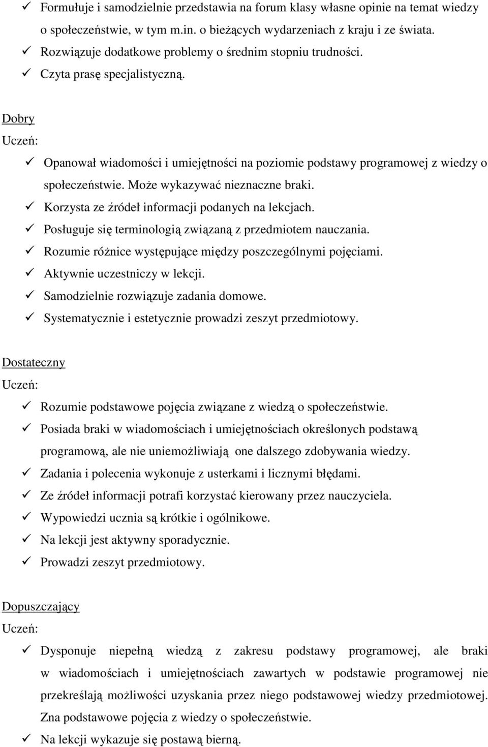 Może wykazywać nieznaczne braki. Korzysta ze źródeł informacji podanych na lekcjach. Posługuje się terminologią związaną z przedmiotem nauczania.