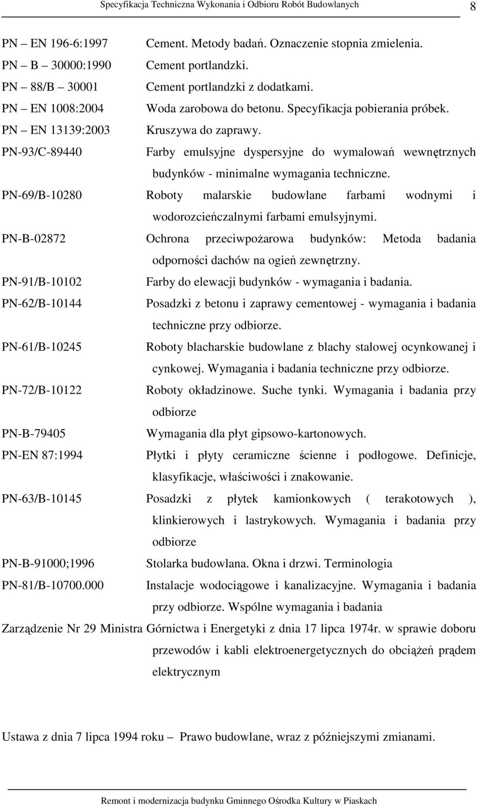 PN-69/B-10280 Roboty malarskie budowlane farbami wodnymi i wodorozcieńczalnymi farbami emulsyjnymi. PN-B-02872 Ochrona przeciwpoŝarowa budynków: Metoda badania odporności dachów na ogień zewnętrzny.