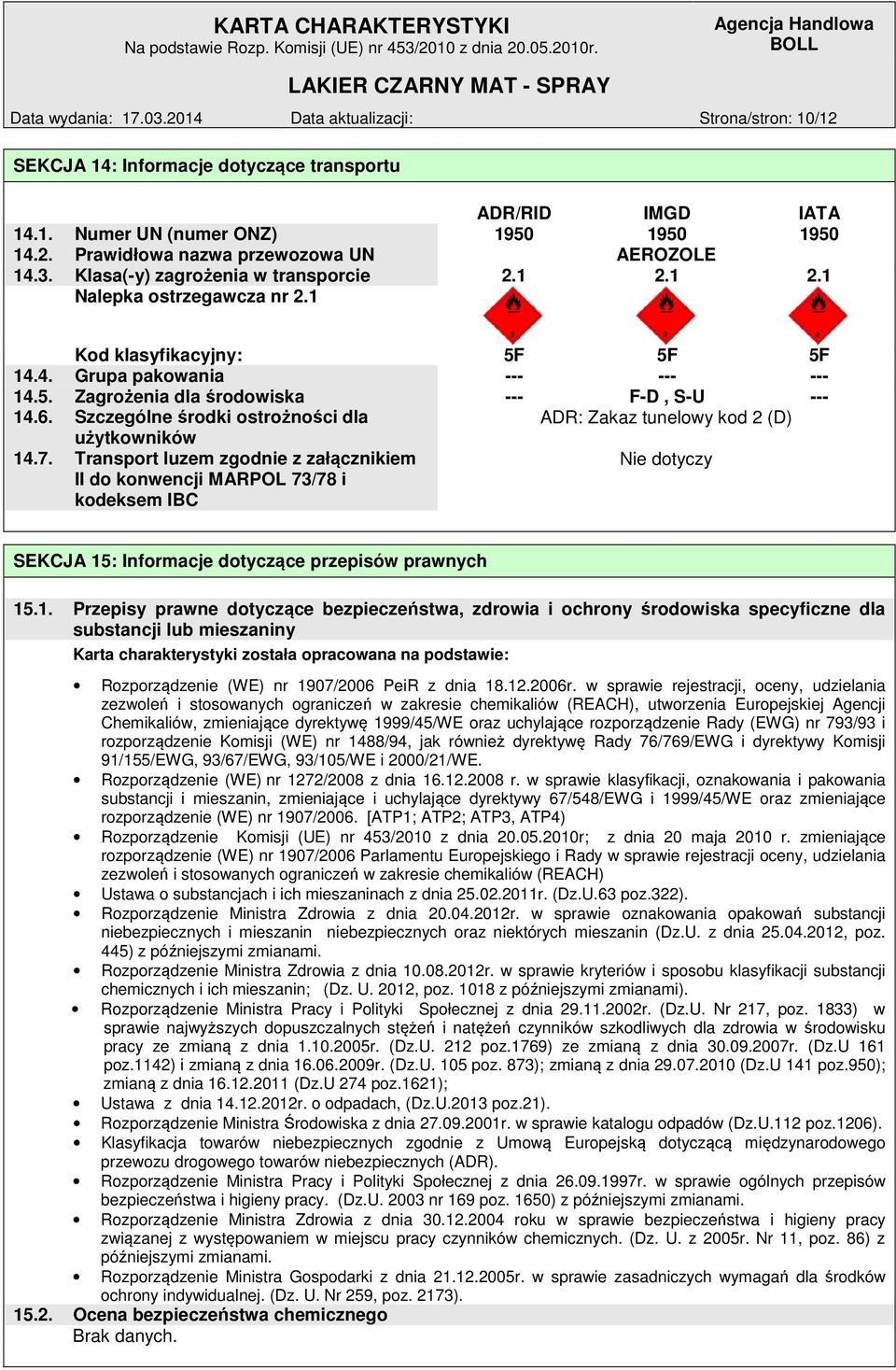 Szczególne środki ostrożności dla ADR: Zakaz tunelowy kod 2 (D) użytkowników 14.7.