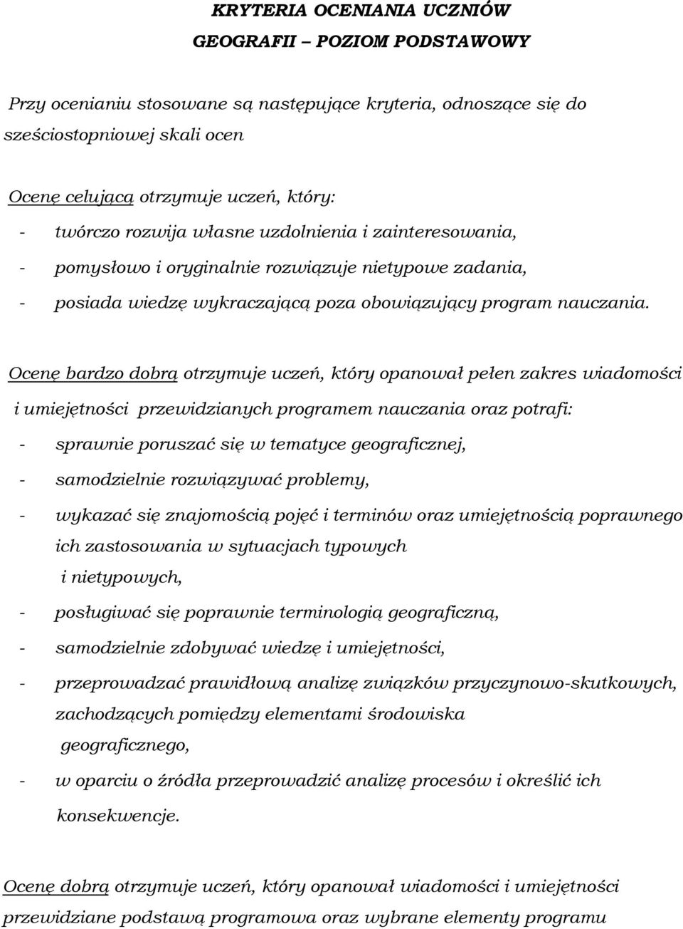 Ocenę bardzo dobrą otrzymuje uczeń, który opanował pełen zakres wiadomości i umiejętności przewidzianych programem nauczania oraz potrafi: - sprawnie poruszać się w tematyce geograficznej, -