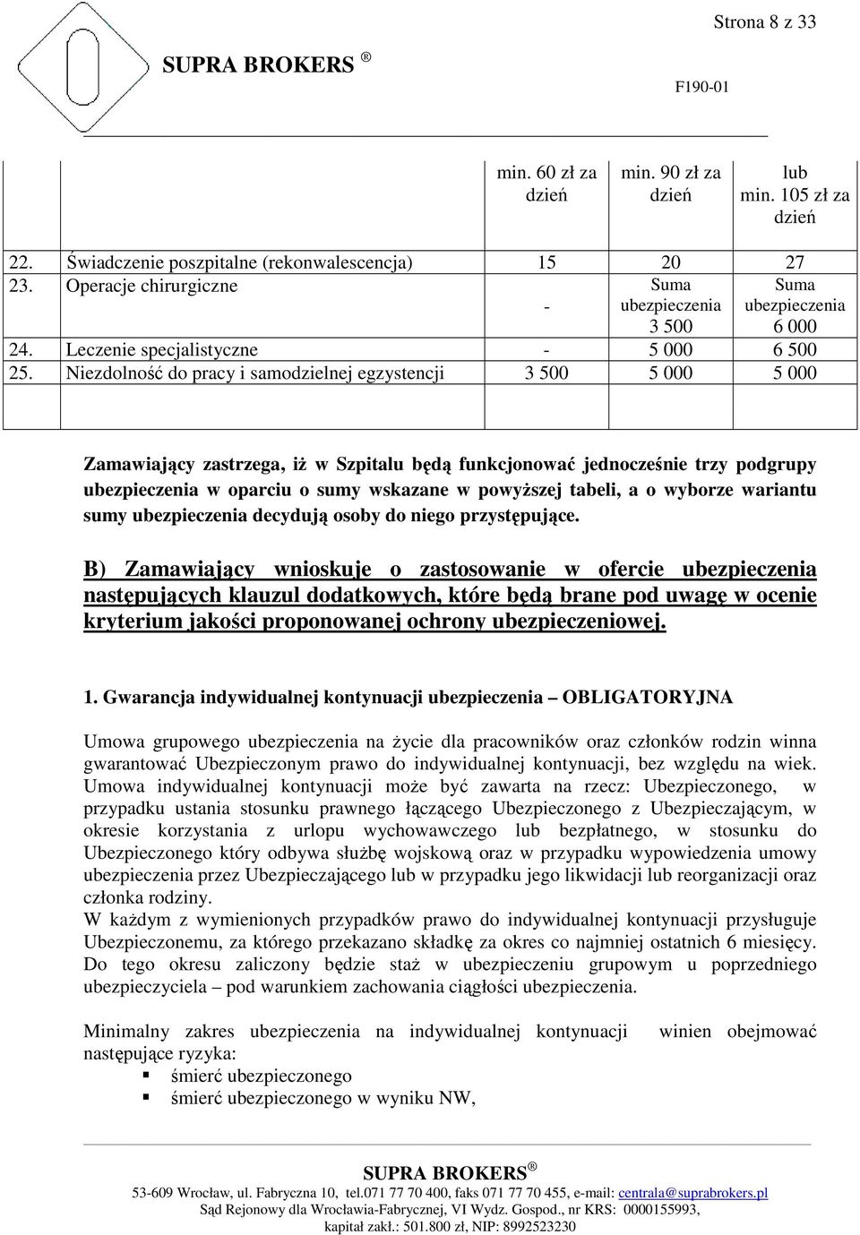 Niezdolność do pracy i samodzielnej egzystencji 3 500 5 000 5 000 Zamawiający zastrzega, iŝ w Szpitalu będą funkcjonować jednocześnie trzy podgrupy ubezpieczenia w oparciu o sumy wskazane w powyŝszej