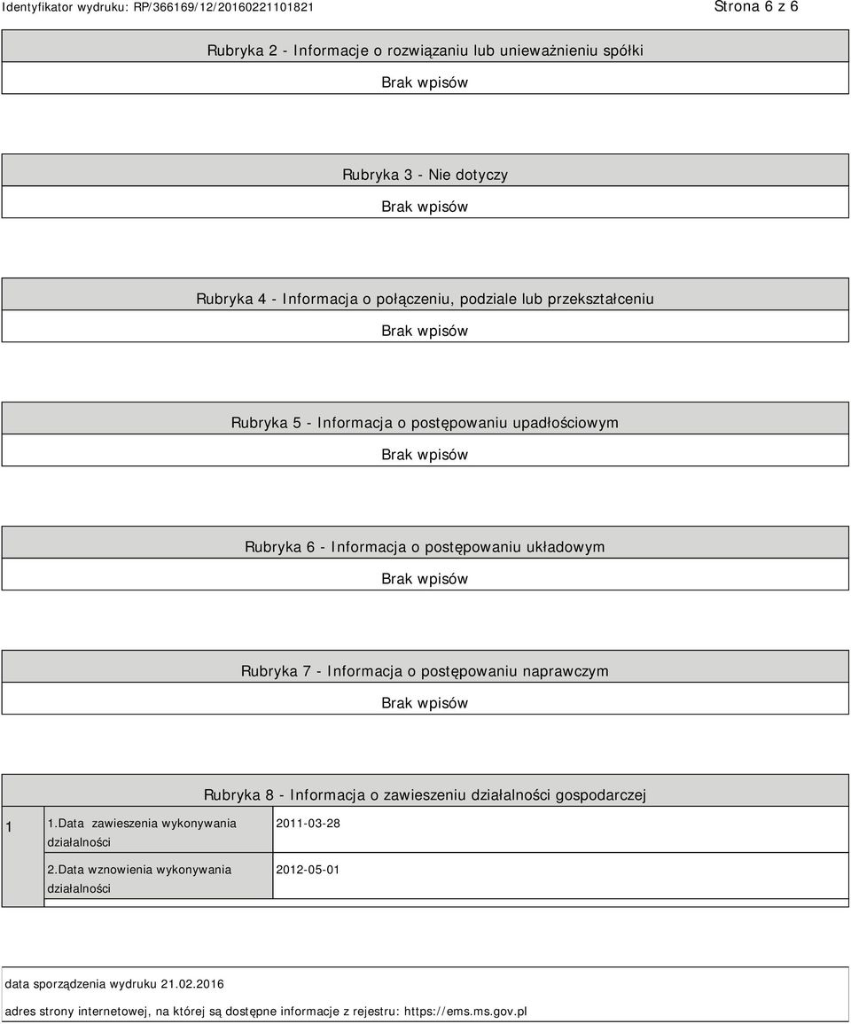 naprawczym Rubryka 8 - Informacja o zawieszeniu działalności gospodarczej 1 1.Data zawieszenia wykonywania działalności 2.