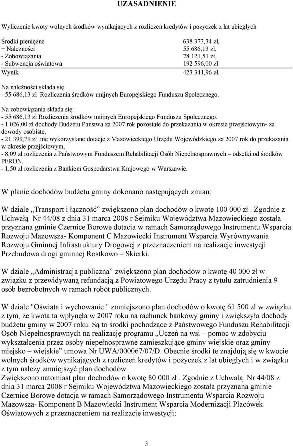 Na zobowiązania składa się: - 55 686,13 zł Rozliczenia środków unijnych Europejskiego Funduszu Społecznego.