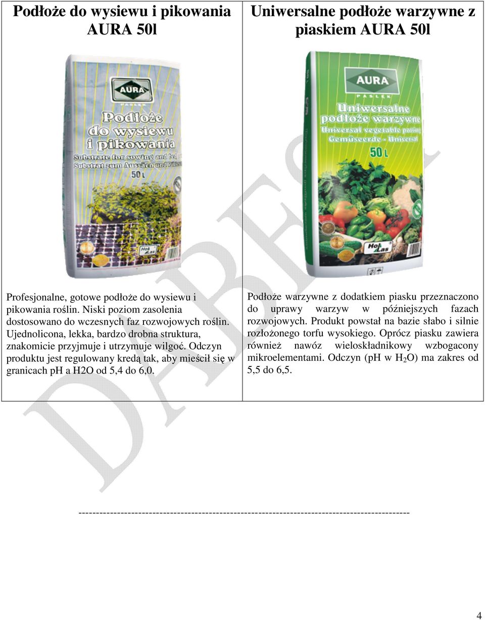Odczyn produktu jest regulowany kredą tak, aby mieścił się w granicach ph a H2O od 5,4 do 6,0. Podłoże warzywne z dodatkiem piasku przeznaczono do uprawy warzyw w późniejszych fazach rozwojowych.