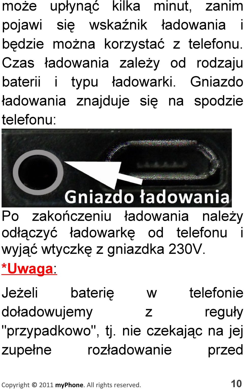 Gniazdo ładowania znajduje się na spodzie telefonu: Po zakończeniu ładowania należy odłączyć ładowarkę od