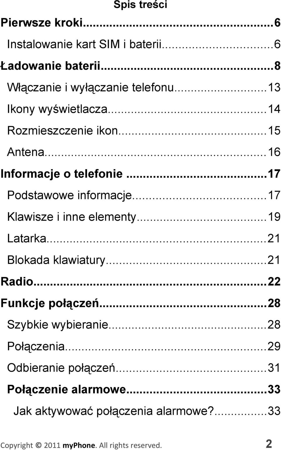 ..17 Klawisze i inne elementy...19 Latarka...21 Blokada klawiatury...21 Radio...22 Funkcje połączeń.