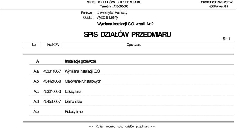 a 45331100-7 Wymiana Instalacji C.O. A.b 45442100-8 Malowanie rur stalowych A.