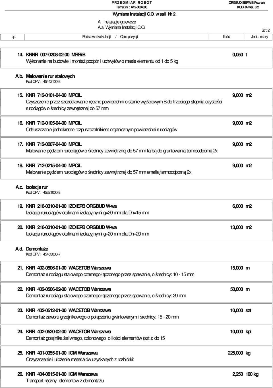 KNR 712-0101-04-00 MPCiL 9,000 m2 Czyszczenie przez szczotkowanie ręczne powierzchni o stanie wyjściowym B do trzeciego stopnia czystości rurociągów o średnicy zewnętrznej do 57 mm 16.