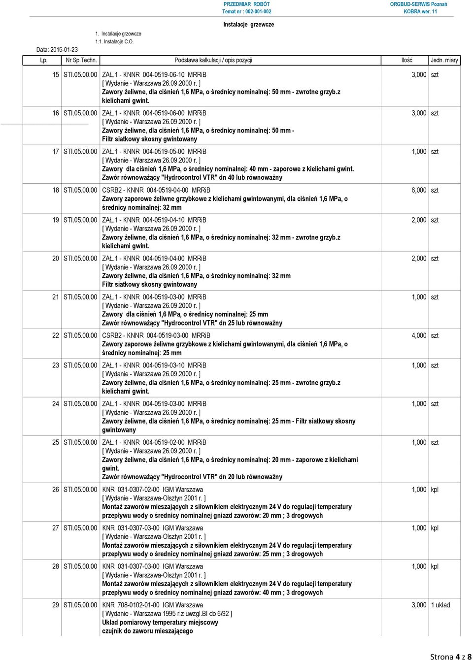 05.00.00 ZAŁ.1 - KNNR 004-0519-04-10 MRRiB 2,000 szt Zawory żeliwne, dla ciśnień 1,6 MPa, o średnicy nominalnej: 32 mm - zwrotne grzyb.z kielichami gwint. 20 STI.05.00.00 ZAŁ.1 - KNNR 004-0519-04-00 MRRiB 2,000 szt Zawory żeliwne, dla ciśnień 1,6 MPa, o średnicy nominalnej: 32 mm Filtr siatkowy skosny gwintowany 21 STI.