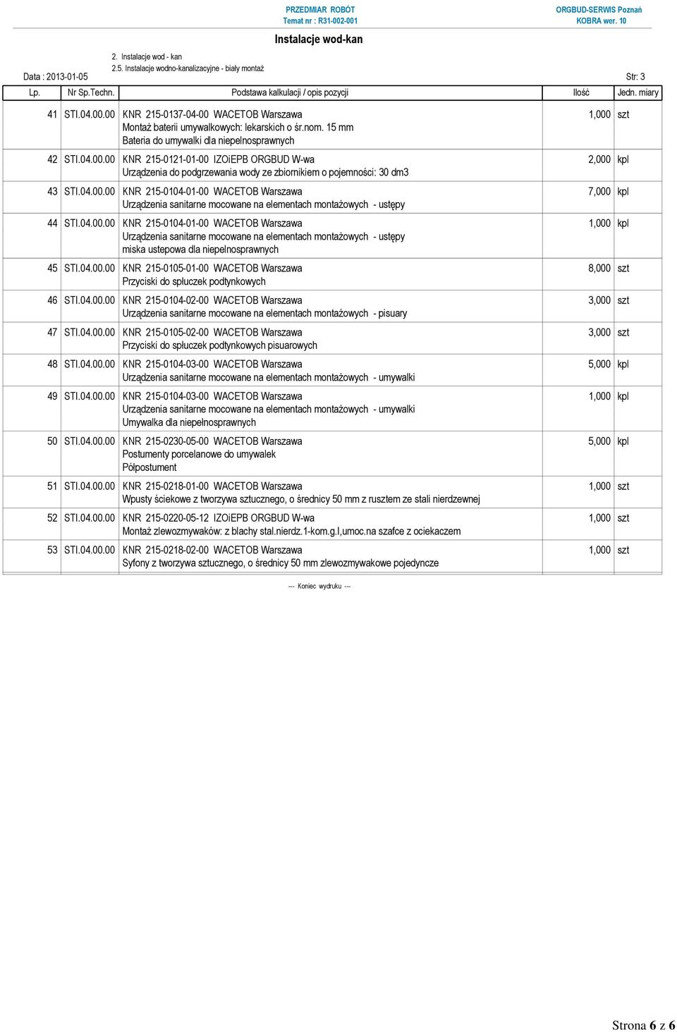 04.00.00 KNR 215-0104-01-00 WACETOB Warszawa 7,000 kpl Urządzenia sanitarne mocowane na elementach montażowych - ustępy 44 STI.04.00.00 KNR 215-0104-01-00 WACETOB Warszawa Urządzenia sanitarne mocowane na elementach montażowych - ustępy miska ustepowa dla niepelnosprawnych 45 STI.
