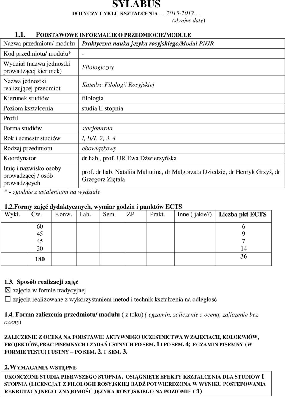 prowadzącej kierunek) Nazwa jednostki realizującej przedmiot Kierunek studiów Poziom kształcenia Profil Forma studiów Filologiczny Katedra Filologii Rosyjskiej filologia studia II stopnia stacjonarna