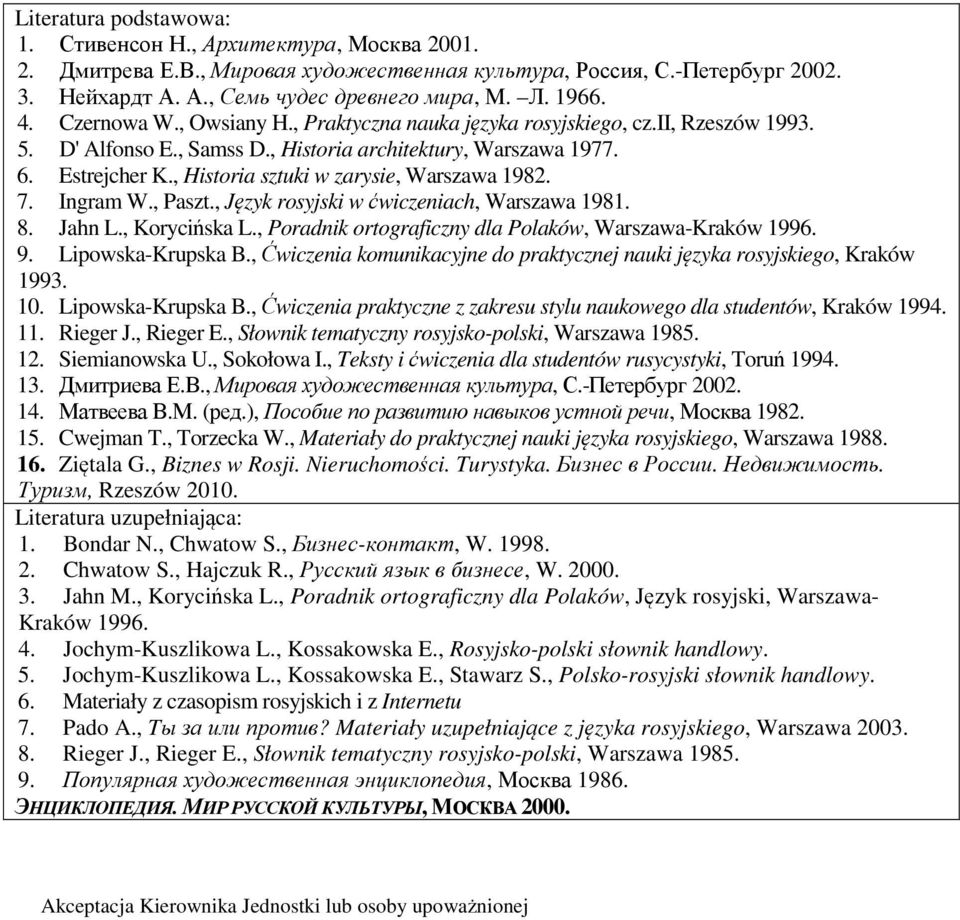, Historia sztuki w zarysie, Warszawa 1982. 7. Ingram W., Paszt., Język rosyjski w ćwiczeniach, Warszawa 1981. 8. Jahn L., Korycińska L., Poradnik ortograficzny dla Polaków, Warszawa-Kraków 1996. 9.