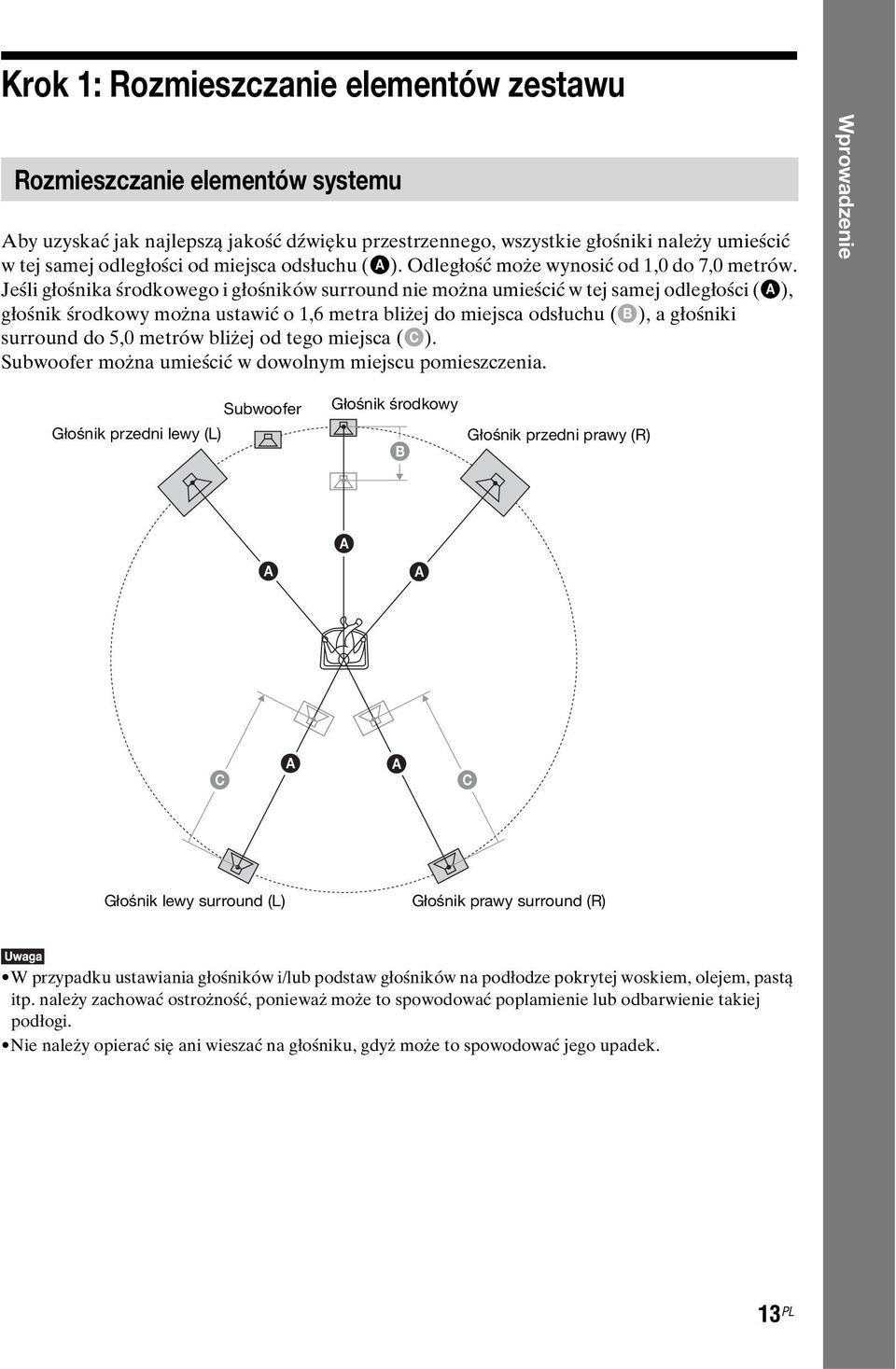 Jeśli głośnika środkowego i głośników surround nie można umieścić w tej samej odległości (A), głośnik środkowy można ustawić o 1,6 metra bliżej do miejsca odsłuchu (B), a głośniki surround do 5,0