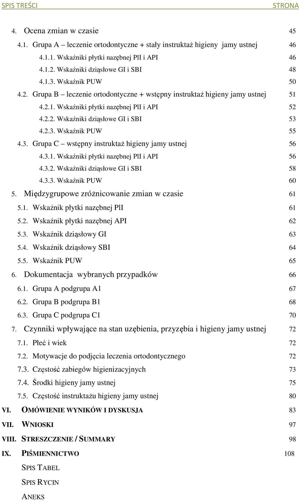 2.3. Wskaźnik PUW 55 4.3. Grupa C wstępny instruktaż higieny jamy ustnej 56 4.3.1. Wskaźniki płytki nazębnej PlI i API 56 4.3.2. Wskaźniki dziąsłowe GI i SBI 58 4.3.3. Wskaźnik PUW 60 5.