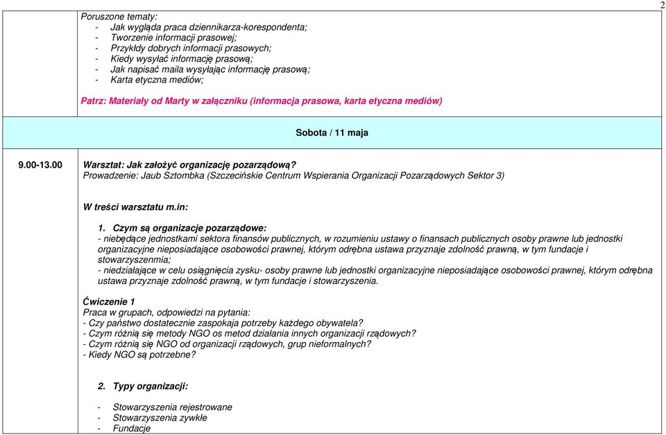 00 Warsztat: Jak założyć organizację pozarządową? Prowadzenie: Jaub Sztombka (Szczecińskie Centrum Wspierania Organizacji Pozarządowych Sektor 3) W treści warsztatu m.in: 1.