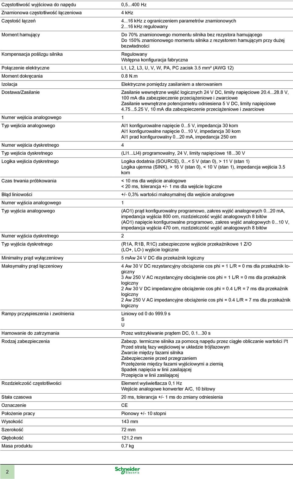 ..16 khz regulowany Do 70% znamionowego momentu silnika bez rezystora hamującego Do 150% znamionowego momentu silnika z rezystorem hamującym przy dużej bezwładności Regulowany Wstępna konfiguracja