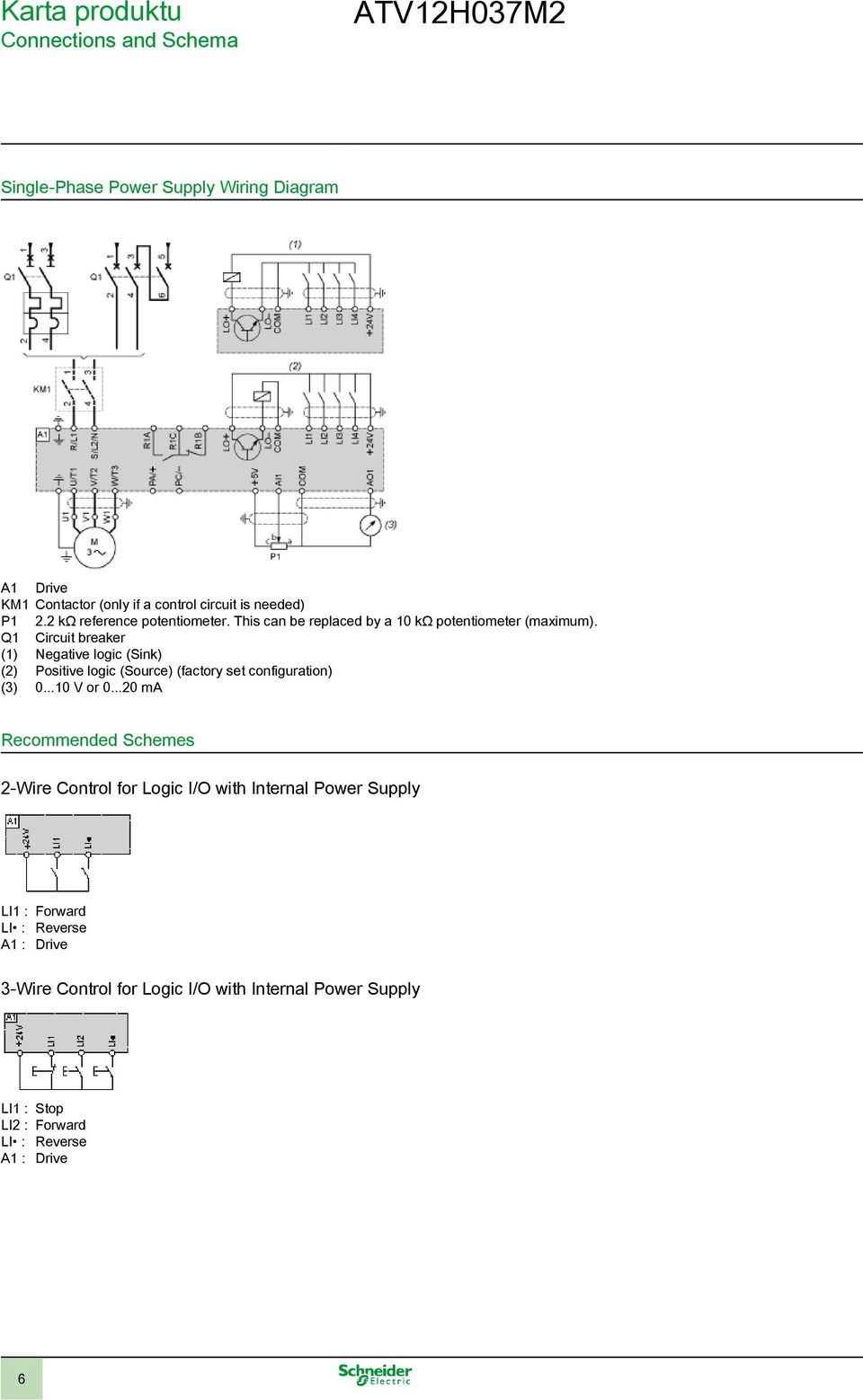 Q1 Circuit breaker (1) Negative logic (Sink) (2) Positive logic (Source) (factory set configuration) (3) 0...10 V or 0.