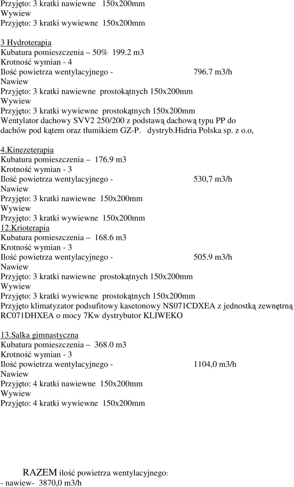 9 m3 530,7 m3/h Przyjęto: 3 kratki nawiewne 150x200mm Przyjęto: 3 kratki wywiewne 150x200mm 12.Krioterapia Kubatura pomieszczenia 168.6 m3 505.