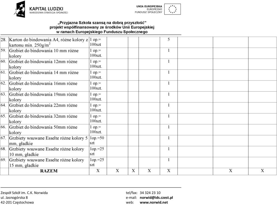= 00szt. 66. Grzbiet do bindowania 0mm różne op.= 00szt. 67. Grzbiety wsuwane Esselte różne op.=0 mm, gładkie szt 68. Grzbiety wsuwane Esselte różne op.=2 0 mm, gładkie szt 69.