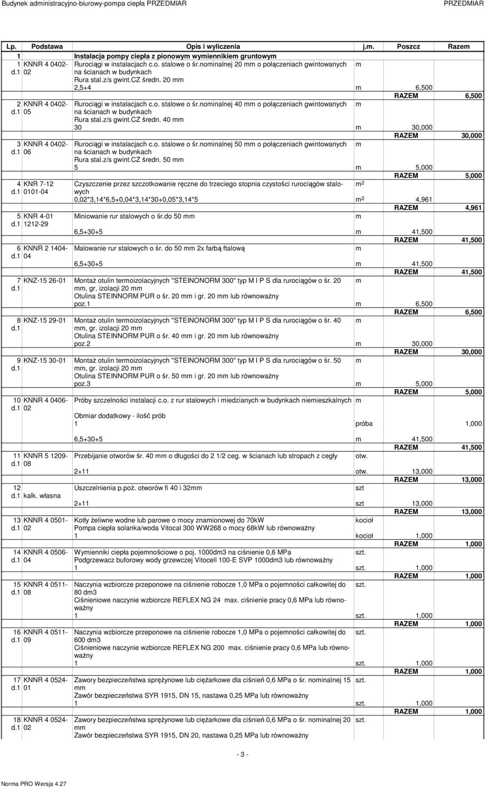 20 2,5+4 6,500 RAZEM 6,500 2 KNNR 4 0402-3 KNNR 4 0402-4 KNR 7-12 01-04 5 KNR 4-01 1212-29 6 KNNR 2 1404- Rurociągi w instalacjach c.o. stalowe o śr.noinalnej 40 o połączeniach gwintowanych Rura stal.