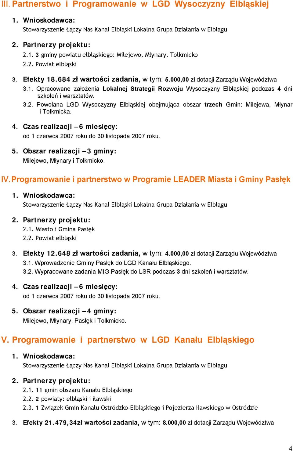 Powołana LGD Wysoczyzny Elbląskiej obejmująca obszar trzech Gmin: Milejewa, Młynar i Tolkmicka. 4. Czas realizacji 6 miesięcy: od 1 czerwca 2007 roku do 30 listopada 2007 roku. 5.